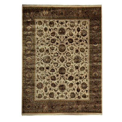 Tapis beige / brun en laine noué à la main de conception unique 9 pi x 12 pi 2 po