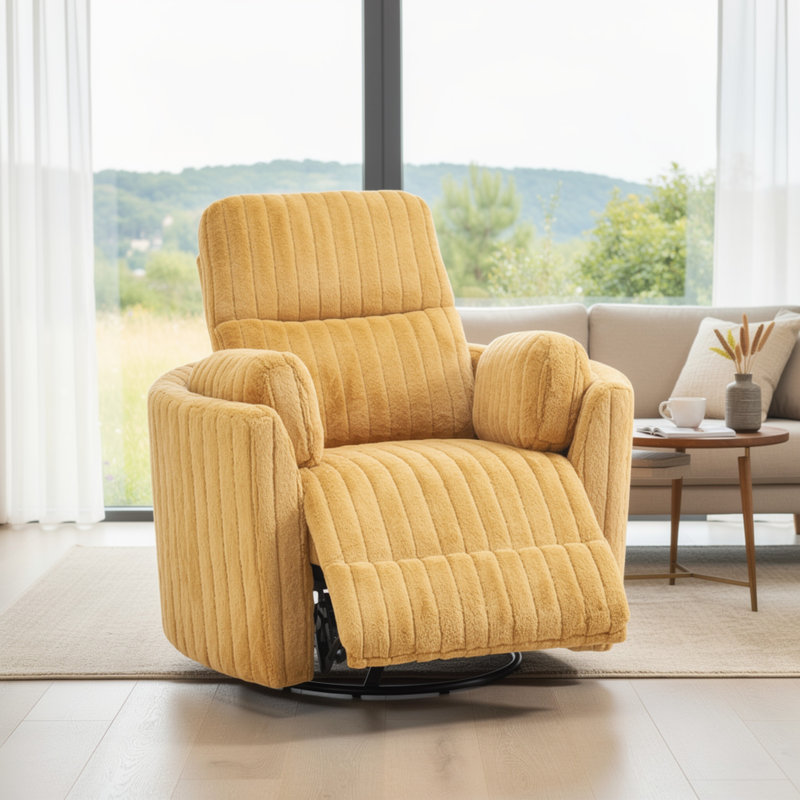 Fauteuil inclinable électrique oscillant avec pivot Bela, bois d'eucalyptus, tissu jaune, Yellow Polyester