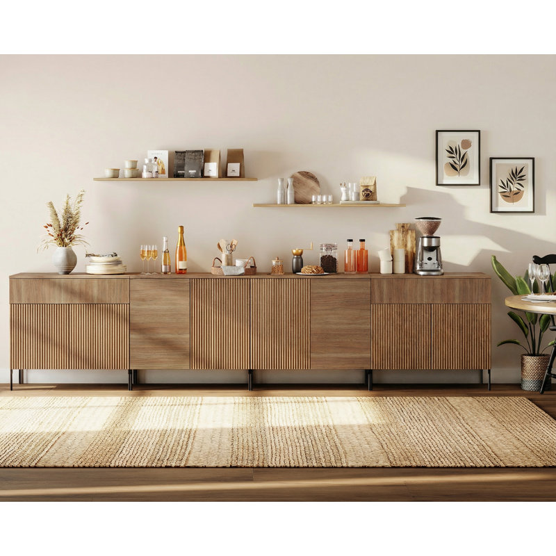 126" Modern Reeded 8-Door Sideboard With Drawers, 4-In-1 Wooden Credenza Storage Cabinet For Kitchen, Dining Room, Walnut
