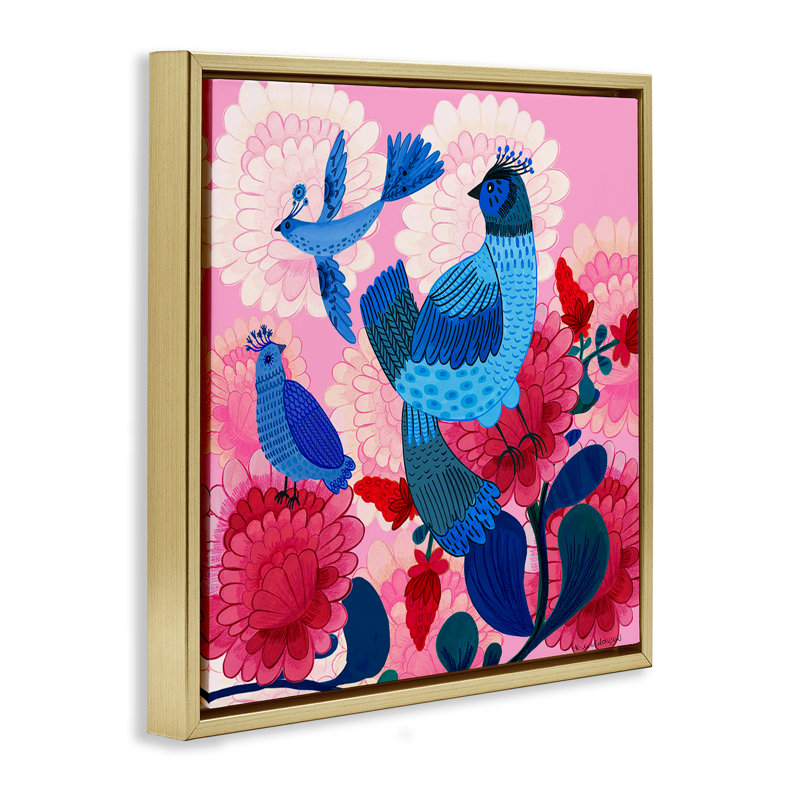 Oiseaux populaires sur cadre flottant Dahlias, design par Kay Widdowson, H 18 po x l 18 po, Cadre flottant métallique doré