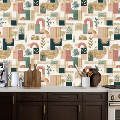 Peel and Stick Wallpaper Geometric Abstract Botanical Elements Earth Tones Contact Paper Removable Self Adhesive Wall Mural Wall Decor for Bedroom Kitchen Cabinets 24in x 118in