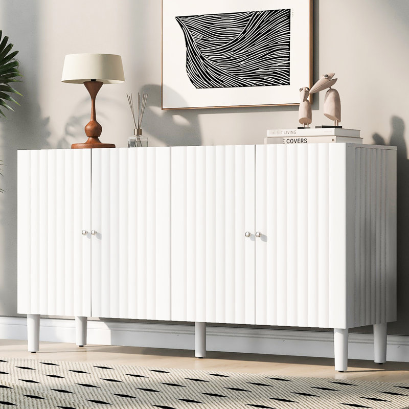 Buffet moderne de 58 pouces de large avec portes à motif ondulé, armoire de rangement de 32 po de hauteur avec tablettes réglables et poignées en métal, blanc