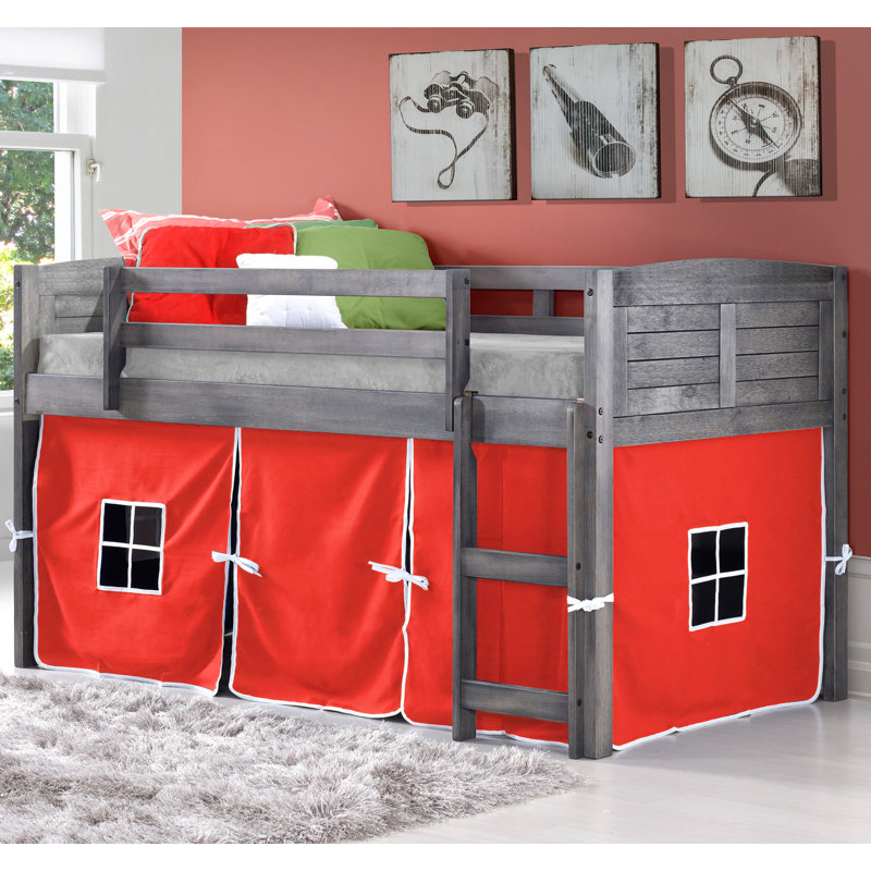 Lit mezzanine plateforme bas simple en bois massif Hager par Sunside Sails, Rouge, Gris antique