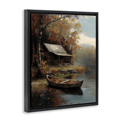 Autumn Cabin Canoe with Leaves Floating Frame, design by Arlington Prints