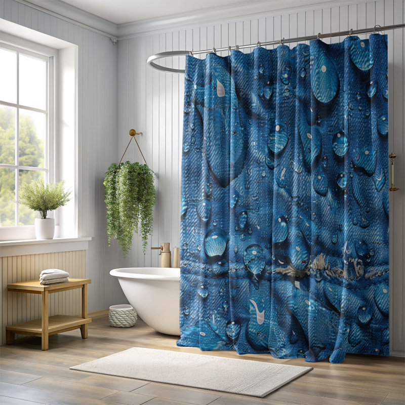 Rideau de douche Blue Dewdrops bleu, H 74 po x l 71 po