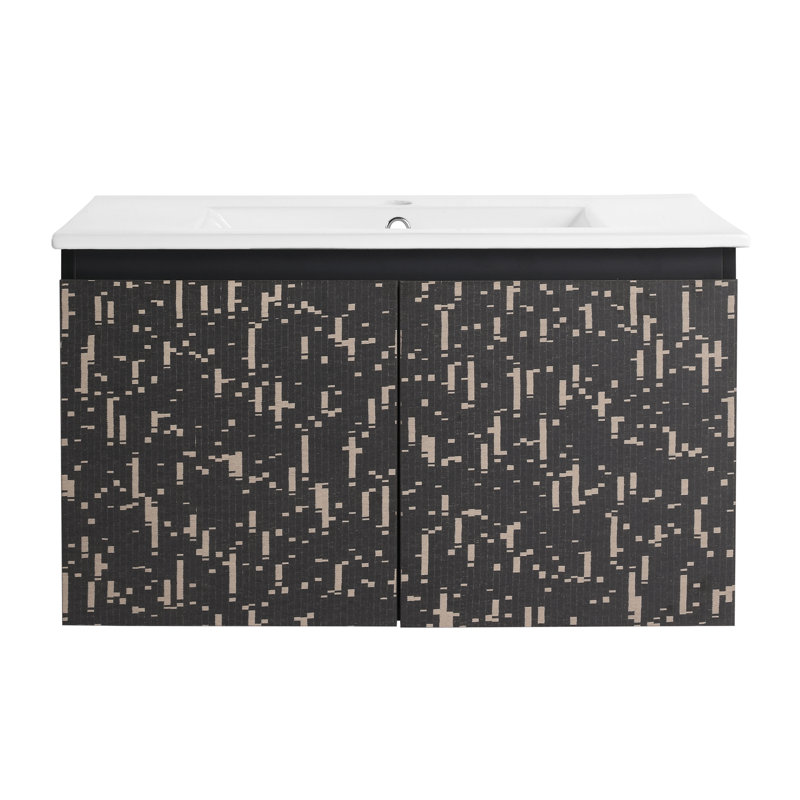 Meuble-lavabo mural flottant 30 po avec lavabo en céramique et porte d'armoire à fermeture en douceur, ensemble KD