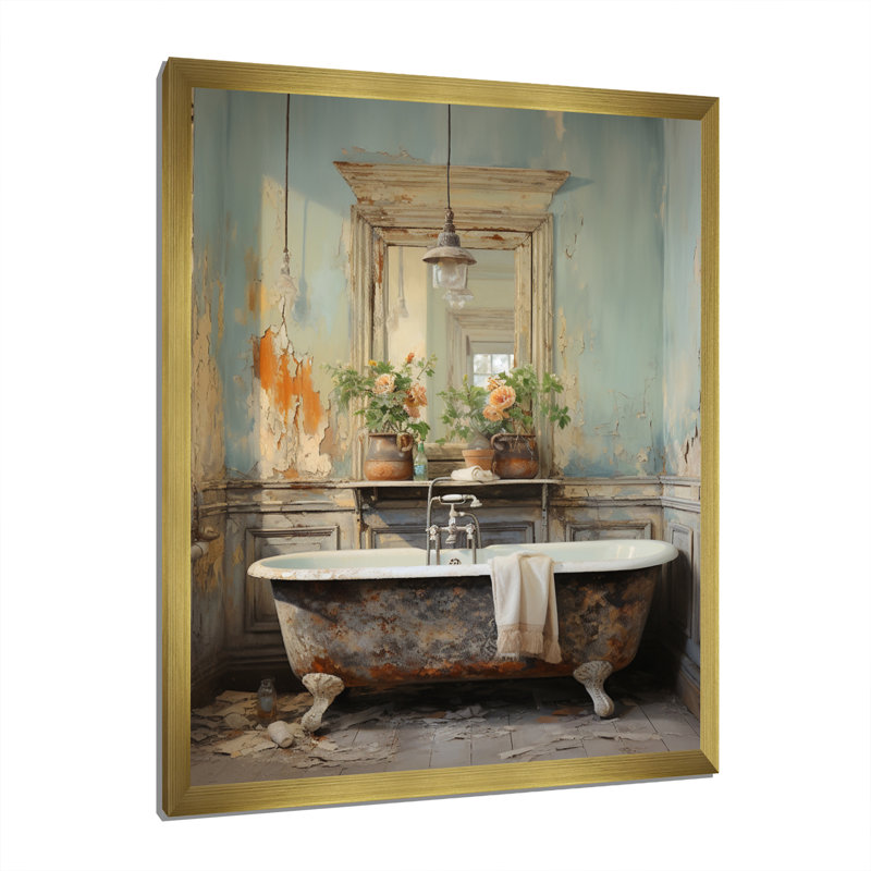 Davino Bathroom Vintage Charm II - Art mural de salle de bain pour le salon, Cadre doré simple, H 32 po x l 24 po x P 1 po