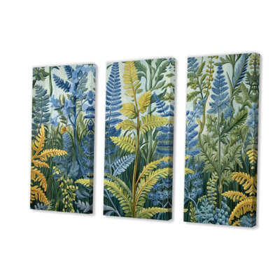 Fougère verte et bleue sur fond de fleurs sur toile, reproduction de 3 pièces