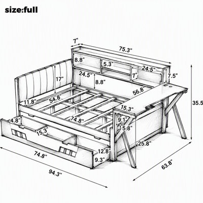 Base de lit de jeu avec bureau et tablettes de rangement, lumières DEL et station de charge, bibliothèque, base de lit peu encombrante pour enfants, adolescents, adultes