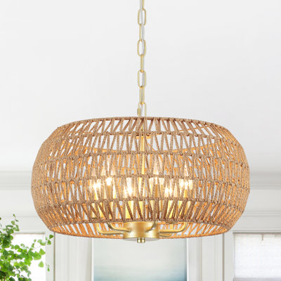 6 - Light Round Drum Hemp Rope Rattan Boho Gold Chandelier, Natural Rattan Bohemian Pendant Light For Kitchen Island, Living Room-18.89"W x 68.69"H