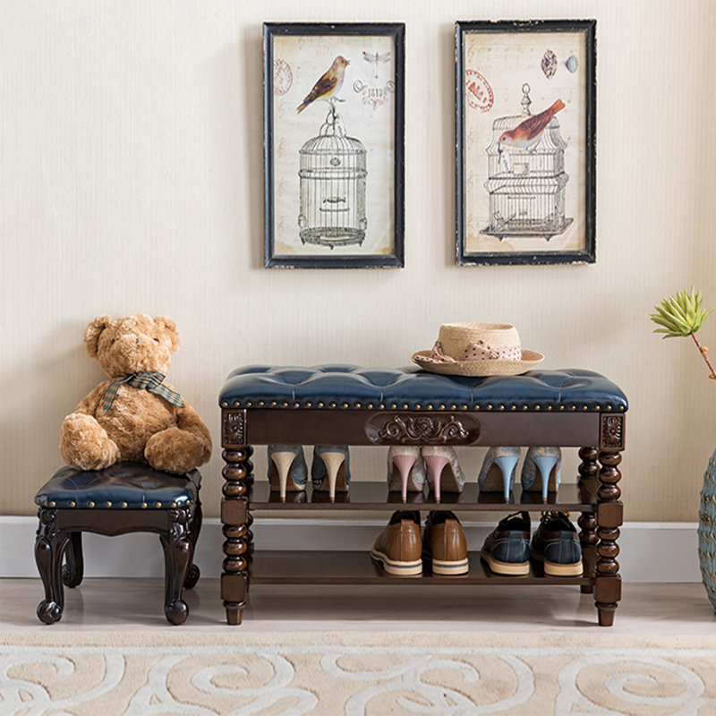 Long banc de rangement pour chaussures en cuir, Brun noisette / bleu marine