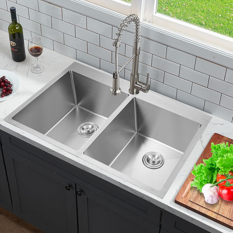 Brambly Cottage 83.82mm W Double Bowl Stainless Steel Dual Mount Kitchen Sink with 1 Faucet Hole