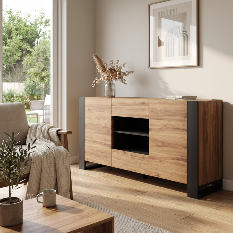 Buffet togut 64,5 po avec finition ultrabrillante, Chêne / gris