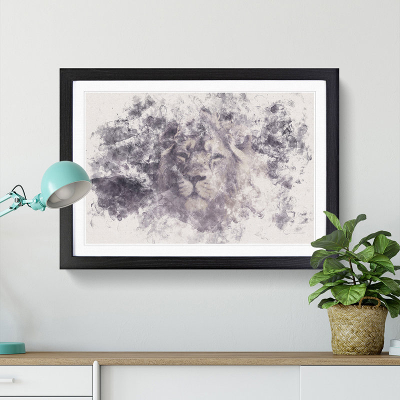 Lion in the Mist Watercolour - Picture Frame Graphic Art Print, Black Framed, 62cm H x 87cm W x 2cm D