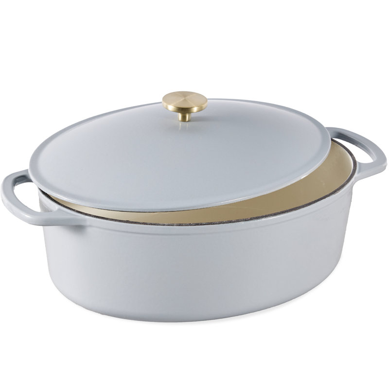 Oval 7.5 Quart Cast-Iron Dutch Oven, Heavy-Duty W/ Enamel, Side Handles, Gray