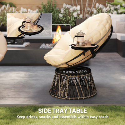 39" Outdoor Papasan Chair with Side Tray, 360° Swivel Overstuffed Circle Chair with Thickened Cushion, Wicker Lounger with Steel Frame for Indoor, Patio, Beige