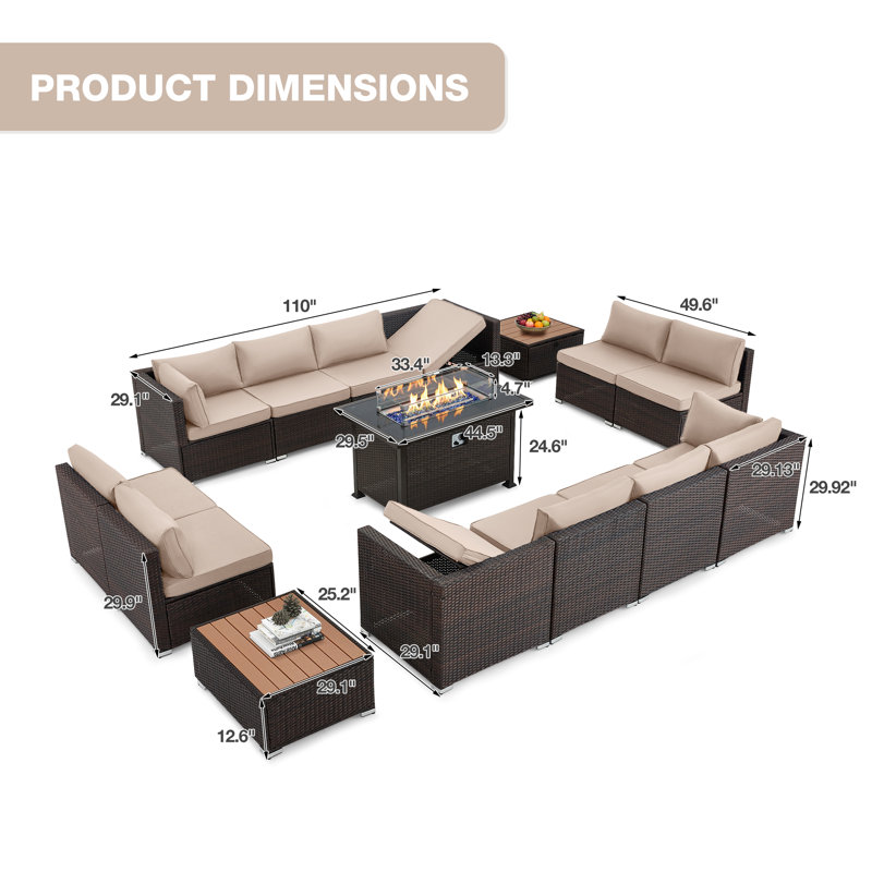 Ensemble de conversation modulaire en rotin 13 pièces avec coussins, Kaki