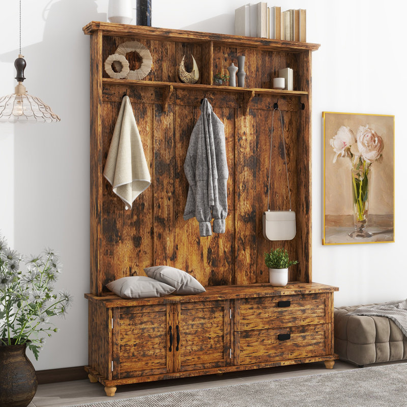 Channahon Modern Style Hall Tree with Storage Cabinet for Entryway Living Room Bedroom, Brown