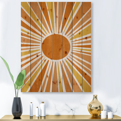 Rayons de soleil orange minimalistes brillants I - impression moderne sur bois de pin naturel