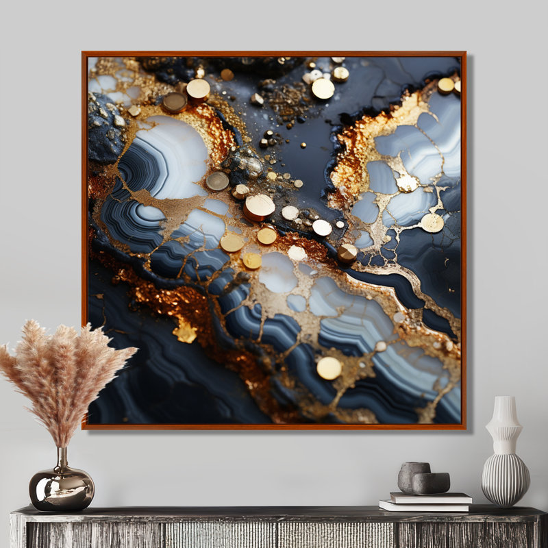 Décoration murale luxueuse en agate éclipse, blanc et bleu doré, H 16 po x l 16 po x P 1 po, Cadre flottant brun