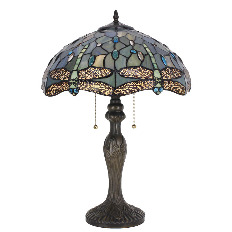 Tiffany Table Lamp Stained Glass Dragonfly Style 16X16X24 Inch Antique Reading Light, Sea Blue