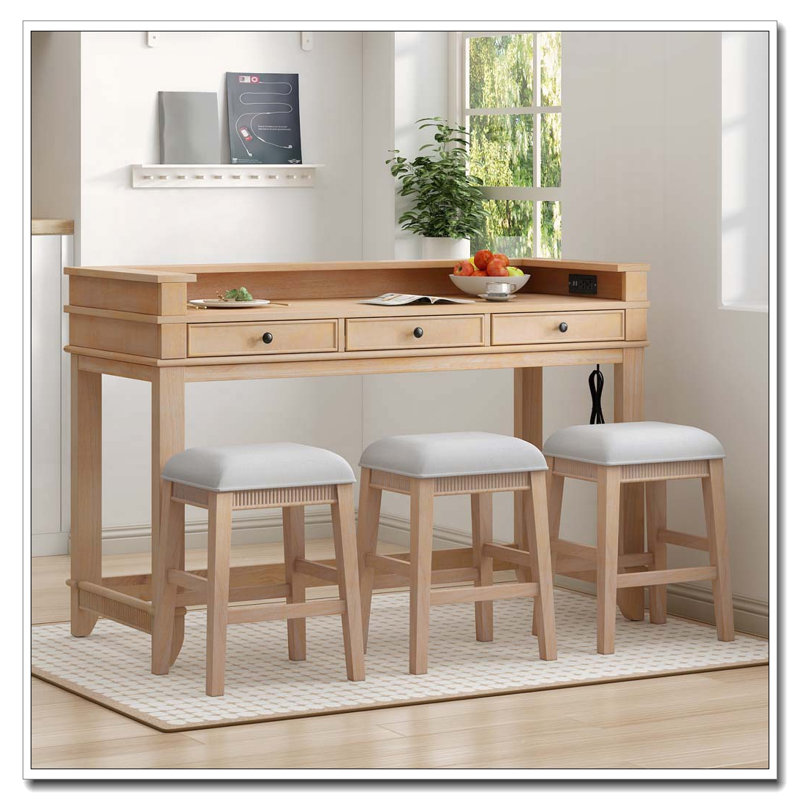 Ensemble de table de bar 4 pièces rétro avec tiroirs de rangement et port de charge (naturel)