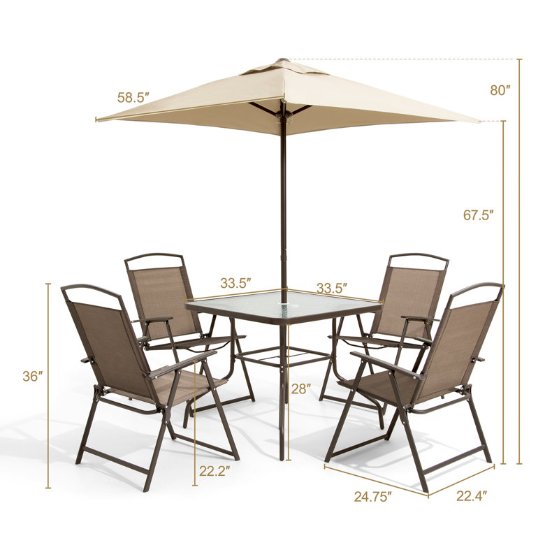 Bendeguz 4 - Person Metal Patio Dining Set with Square Table, Folded Chairs and Market Umbrella, Brown