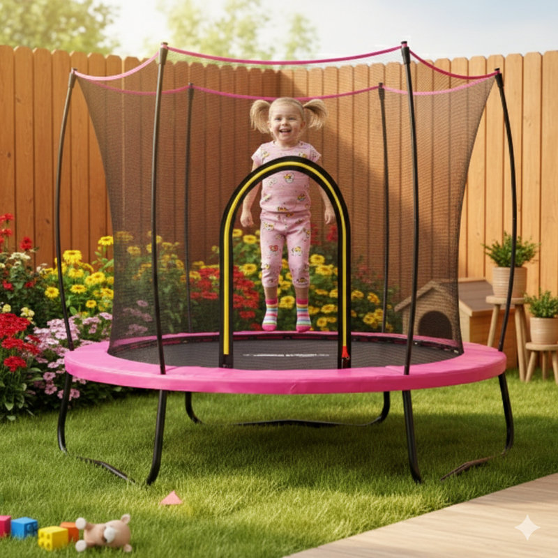 Trampoline pour enfants de 55 po intérieur / extérieur, cadre thermolaqué galvanisé, conception sécuritaire sans espace, Rose