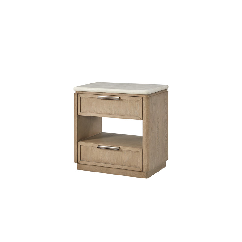 Table de chevet à deux tiroirs, surface en pierre, panneau en chêne, tablette centrale ouverte pour les articles de décoration, plateau doublé de feutre, tiroir inférieur, ports de chargement intégrés, glissières à fermeture en douceur, bois massif beige +,