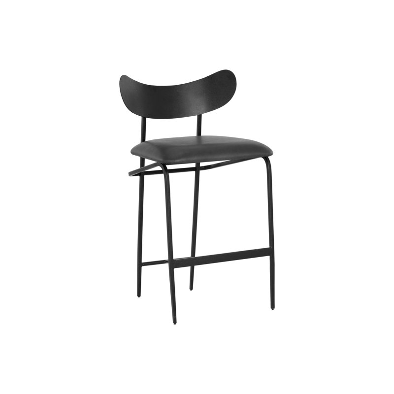 GIBBONS COUNTER STOOL - ANTIQUE BRASS - CHARCOAL BLACK LEATHER, Counter Stool (26" Seat Height), Faux Leather-Black