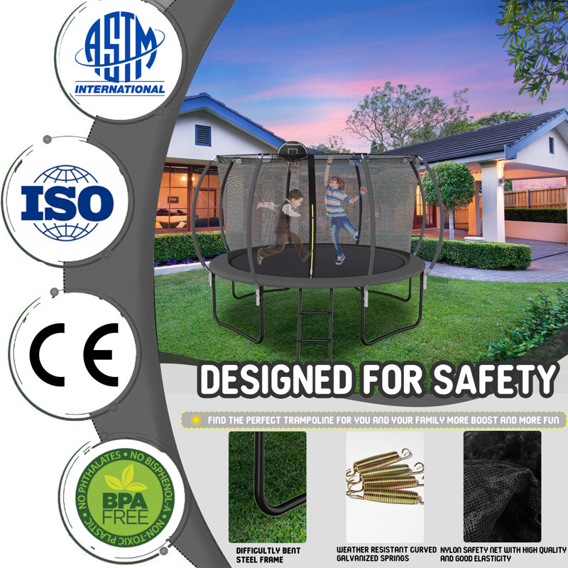 SUMIJ Round Backyard Trampoline with Safety Enclosure, Black