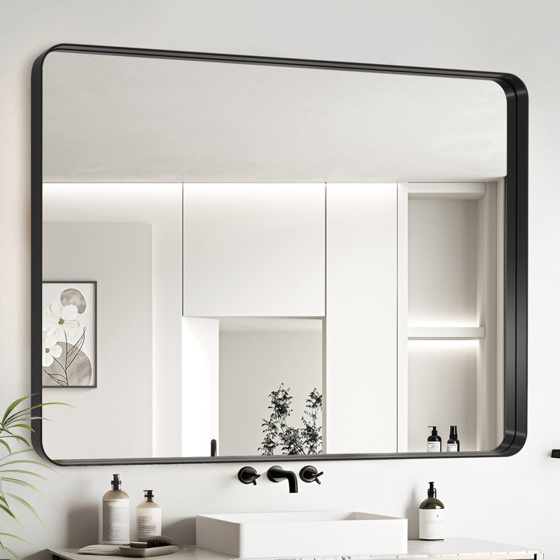 Cadre de salle de bain en aluminium noir de 40 po x 30 po avec verre flottant HD pour une réflexion claire et aucun miroir visuel, membrane résistante aux matériaux rouillés, installation sécurisée, emballage bien protégé