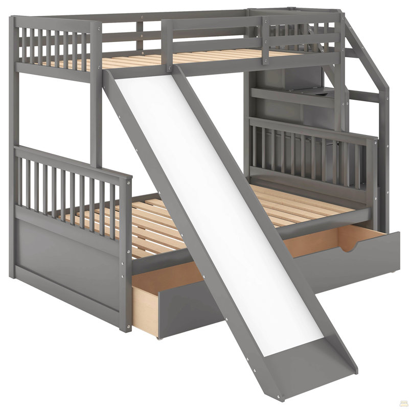 Lit simple superposé au dessus d'un lit double avec tiroirs, rangement et glissade, Gris