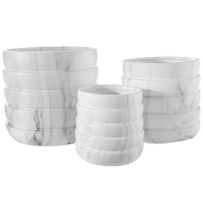 Ceramic Round Pot Marble Finish White-7.50"H