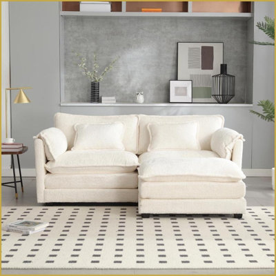 Canapé surdimensionné en chenille double avec repose-pieds - Accoudoirs amovibles Poches latérales | Beige | Dossier rembourré | Chenille