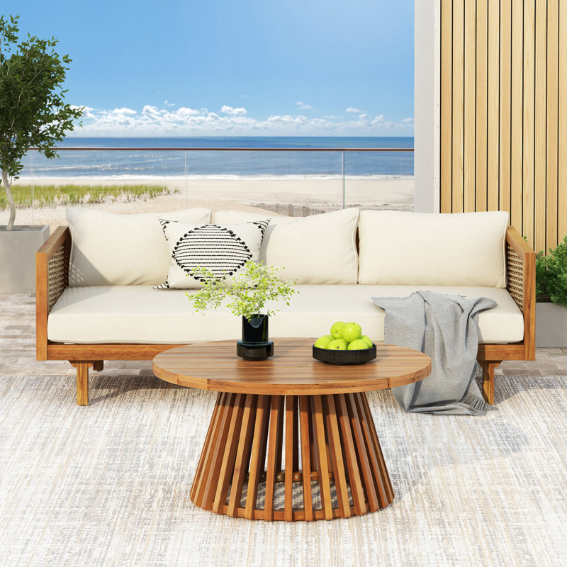 Batesville Patio Wooden Conversation Set With Cushions, Beige, Teak Table
