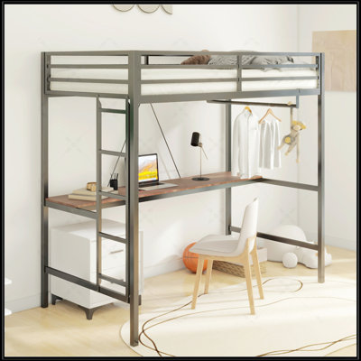 Lit superposé simple Adam noir avec bureau en bois de cannelle et tringle pour garde-robe Adam