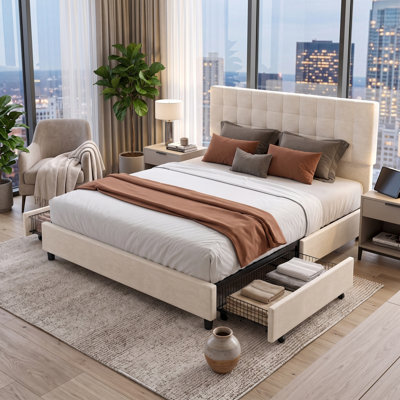 Full Bed Frame with 4 Storage Drawers & Upholstered Headboard, Vertical Channel Tufted Platform Bed with 12 Wood Slats – 800 lbs Capacity, No Box Spring Needed