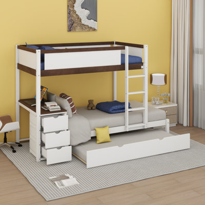 Illona Kids Twin Over Twin Bunk Bed with Trundle with Drawers