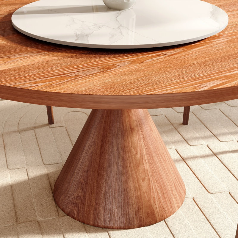 Table de salle à manger ronde en bois massif avec piédestal sculptural sphérique à cône | Table de salle à manger de style campagne moderne pour 4 à 8 personnes