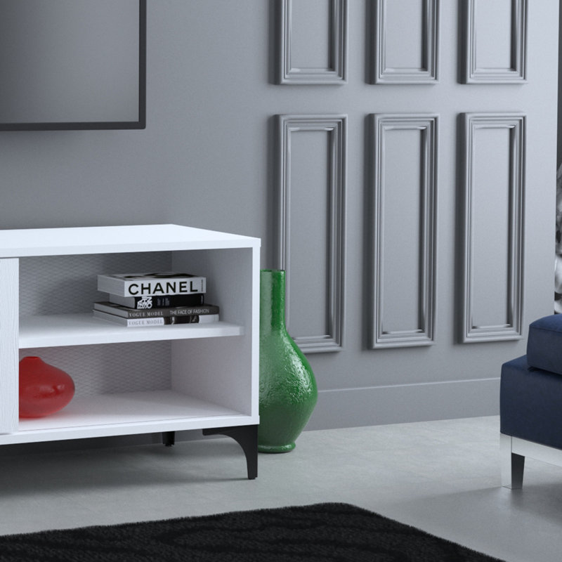 Modern TV Stand with Metal Legs, White Finish, 39.4 x 21.3 x 16.5 inches | 100% Melamine Coated Particle Board, Thickness: 0.7 inches | Stylish and Durable Design for Living Room or Entertainment Area