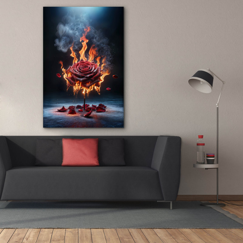 «Red Rose On Fire 2» par Rey Klimt, art mural sur toile, H 26 po x l 18 po x P 0,75 po