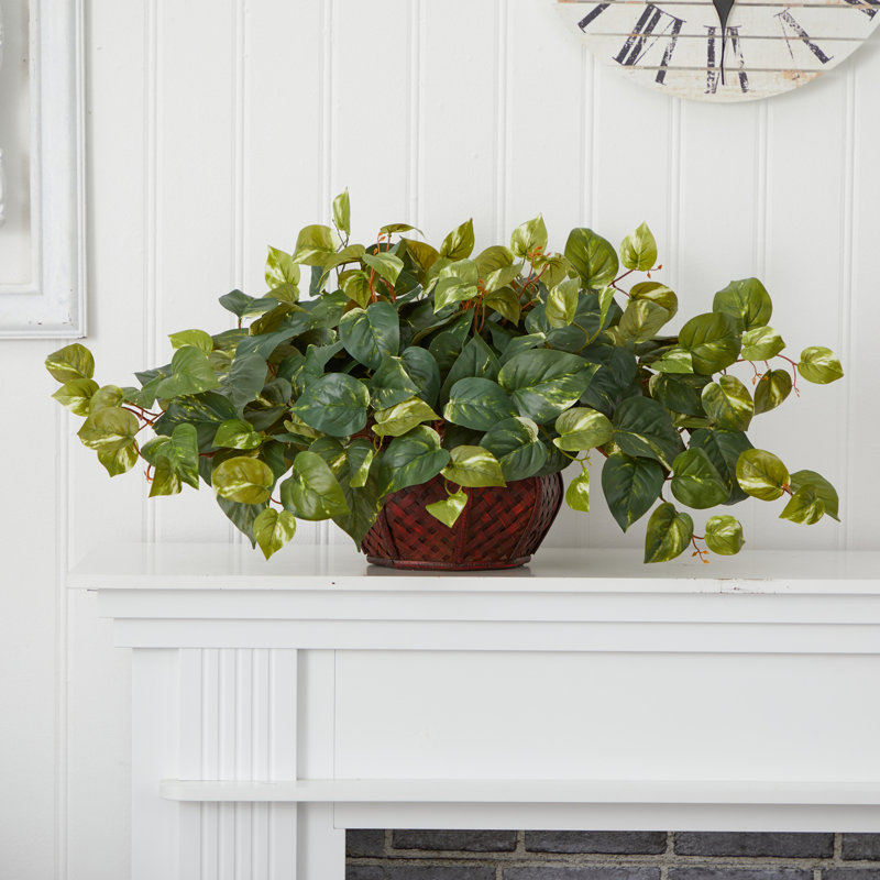 15'' Faux Pothos Plant in Wood Planter