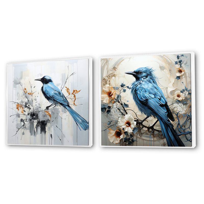Oiseau bleu fleurs minimalistes - ensemble de 2 collages carrés assortis, Cadre flottant blanc, H 16 po x l 33 po