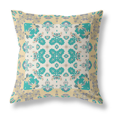 20" X 20" Off White And Blue Broadcloth Floral Throw Pillow