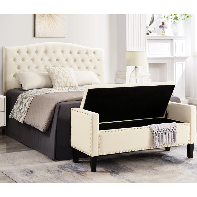 Banc de rangement rembourré en velours Bench-24-1.4, Crème