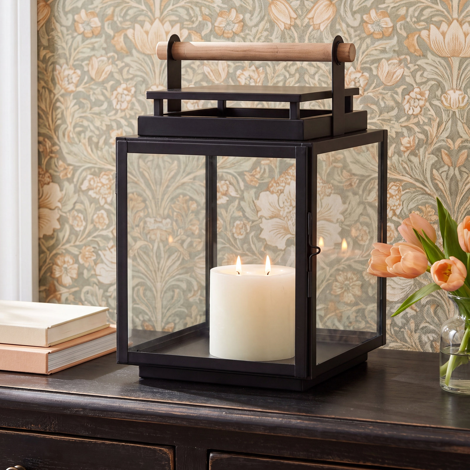Cathica Tabletop Lantern, Black, 21" H x 14.5" W x 14" D