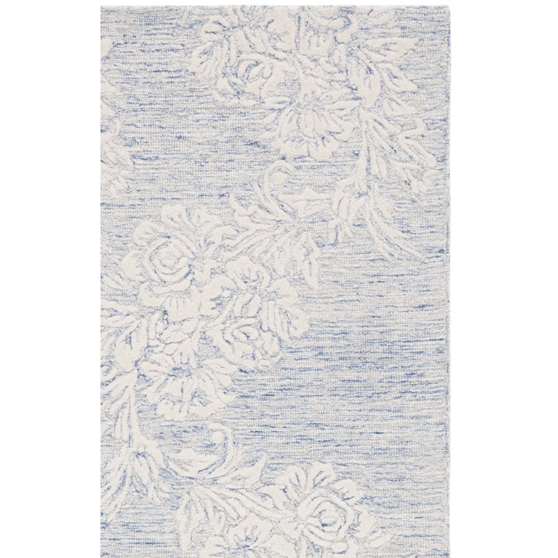 Batholomew Hand Tufted Wool/Cotton with Cotton Backing Floral Rug in Ivory/Blue, Runner 2'3" x 8'