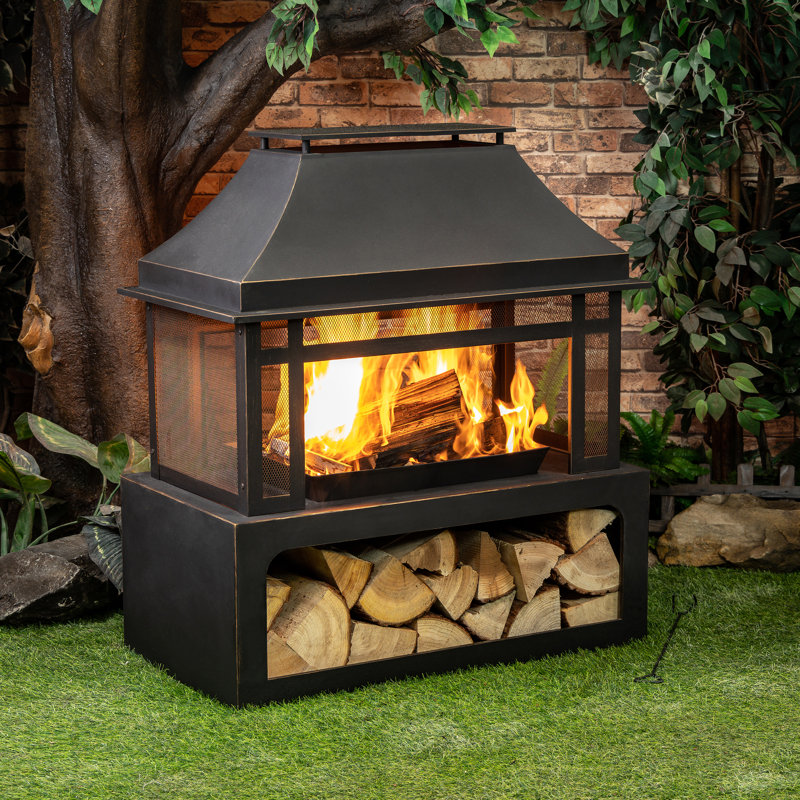 Black Steel 40'' Outdoor Fire Pit with Wood Storage