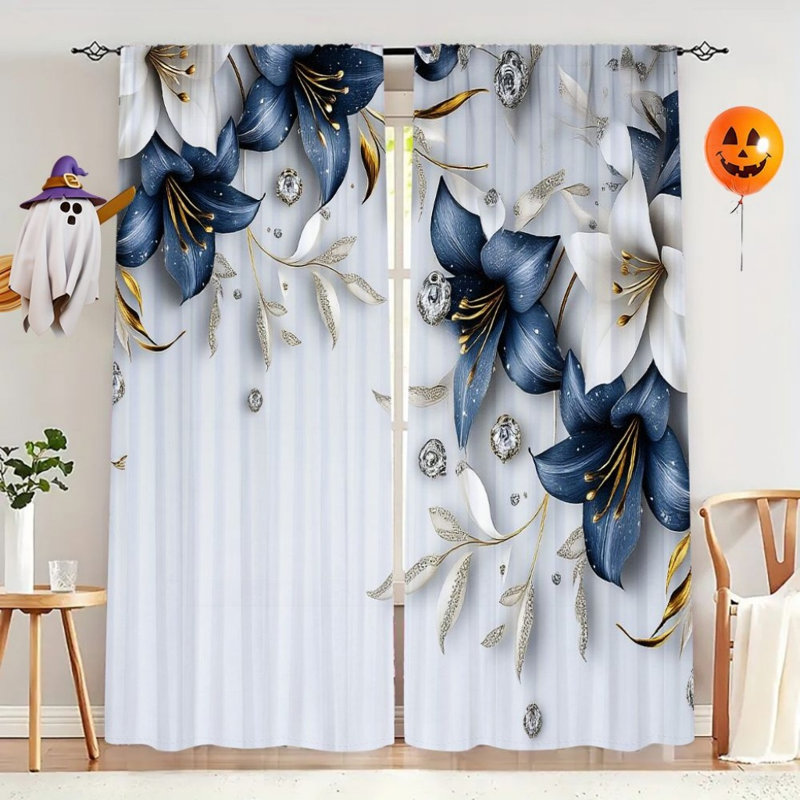 2Pcs Vintage Floral Curtains, Elegant Lily & Leaf Design  Light Filtering Window Drapes for Living, Bedroom, Kitchen, Rod Pocket Decor, Light Filtering Home Decor